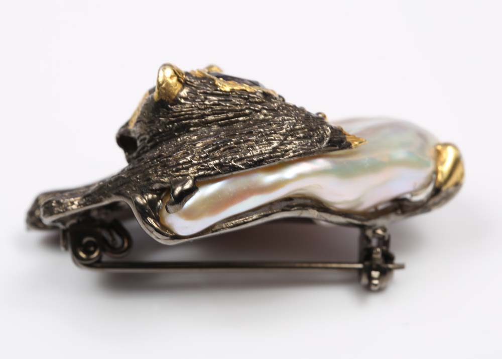 Sterling Silver Freshwater Pearl and Multi-Gemstone Cat Brooch