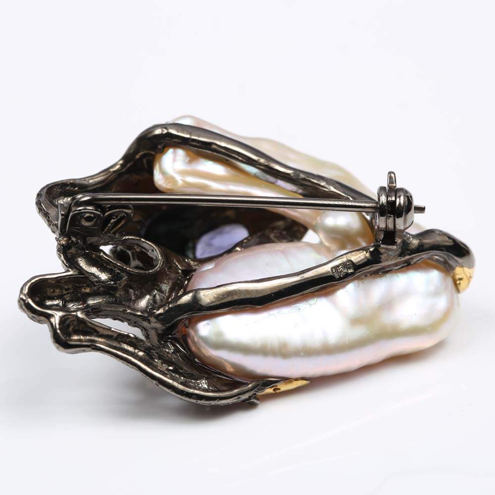 Sterling Silver Freshwater Pearl and Multi-Gemstone Cat Brooch