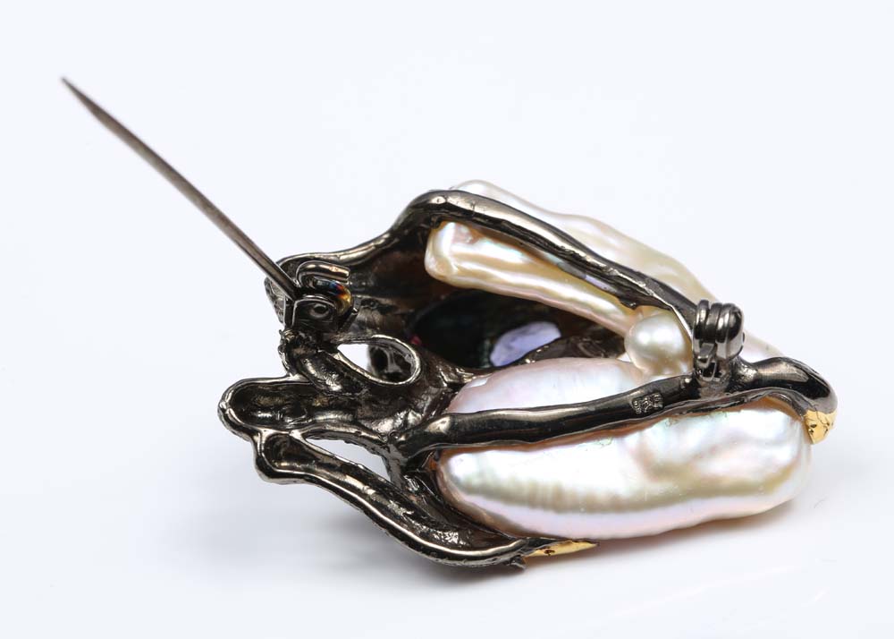 Sterling Silver Freshwater Pearl and Multi-Gemstone Cat Brooch