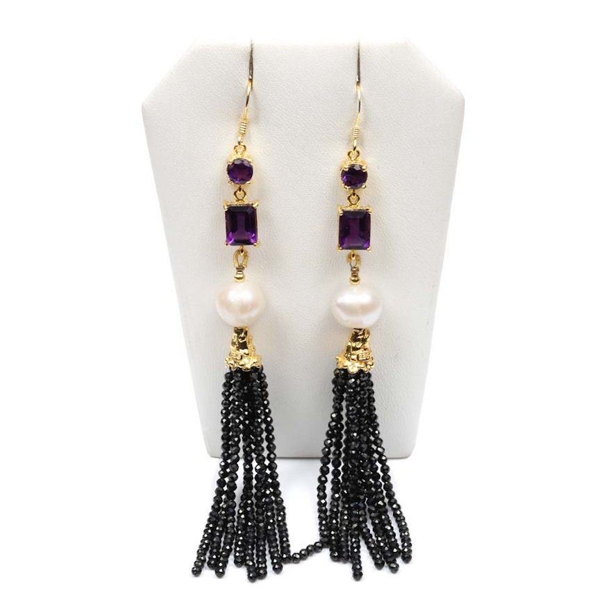 Sterling Silver Freshwater Pearl and Multi-Gemstone Tassel Earrings