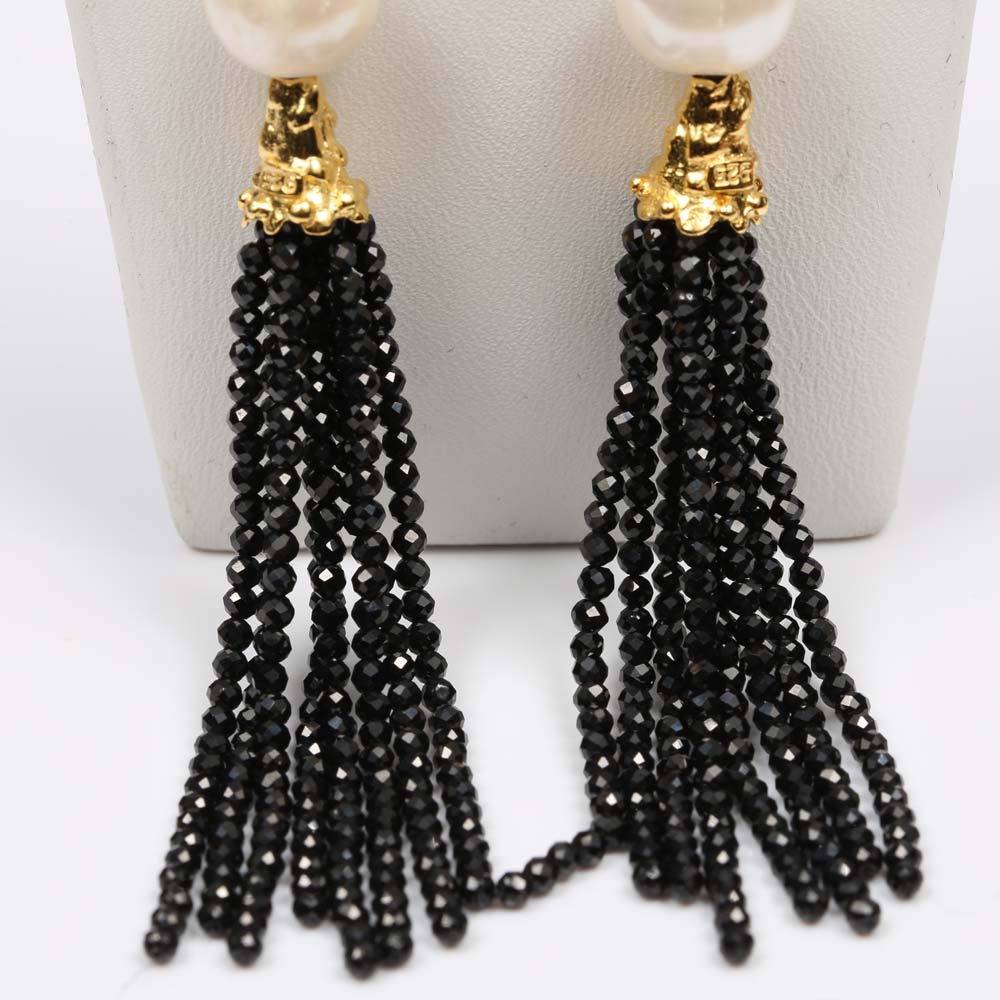 Sterling Silver Freshwater Pearl and Multi-Gemstone Tassel Earrings