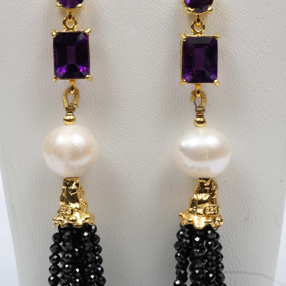 Sterling Silver Freshwater Pearl and Multi-Gemstone Tassel Earrings