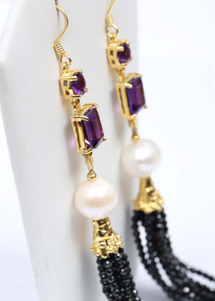 Sterling Silver Freshwater Pearl and Multi-Gemstone Tassel Earrings