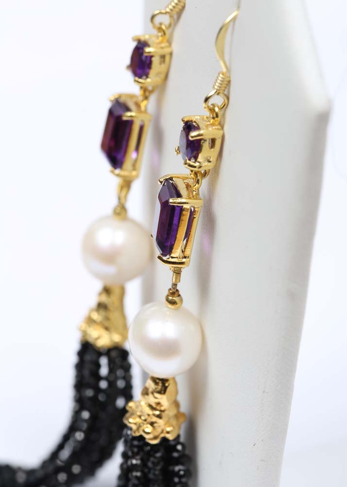 Sterling Silver Freshwater Pearl and Multi-Gemstone Tassel Earrings