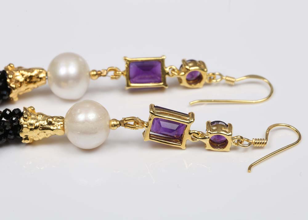 Sterling Silver Freshwater Pearl and Multi-Gemstone Tassel Earrings