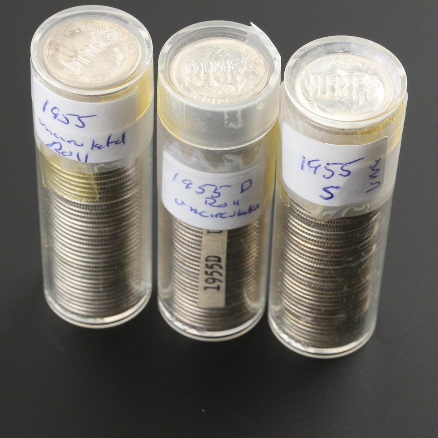 Three Rolls of Uncirculated P, D, and S Mintmark 1955 Silver Roosevelt Dimes