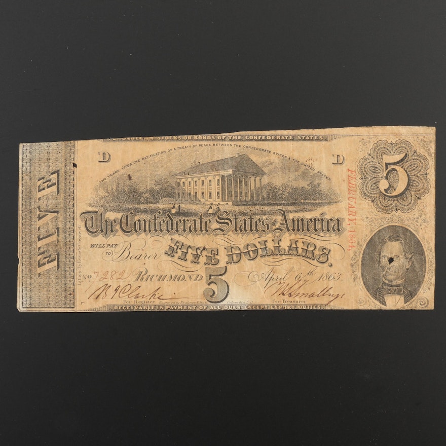 1863 Confederate States of America $5 Currency Note February 1864 Overstamp