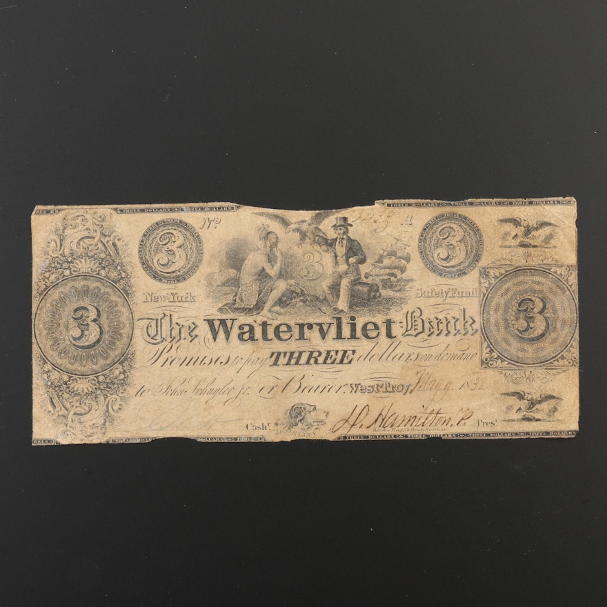 1838 Obsolete $3 Note from the Watervliet Bank of New York