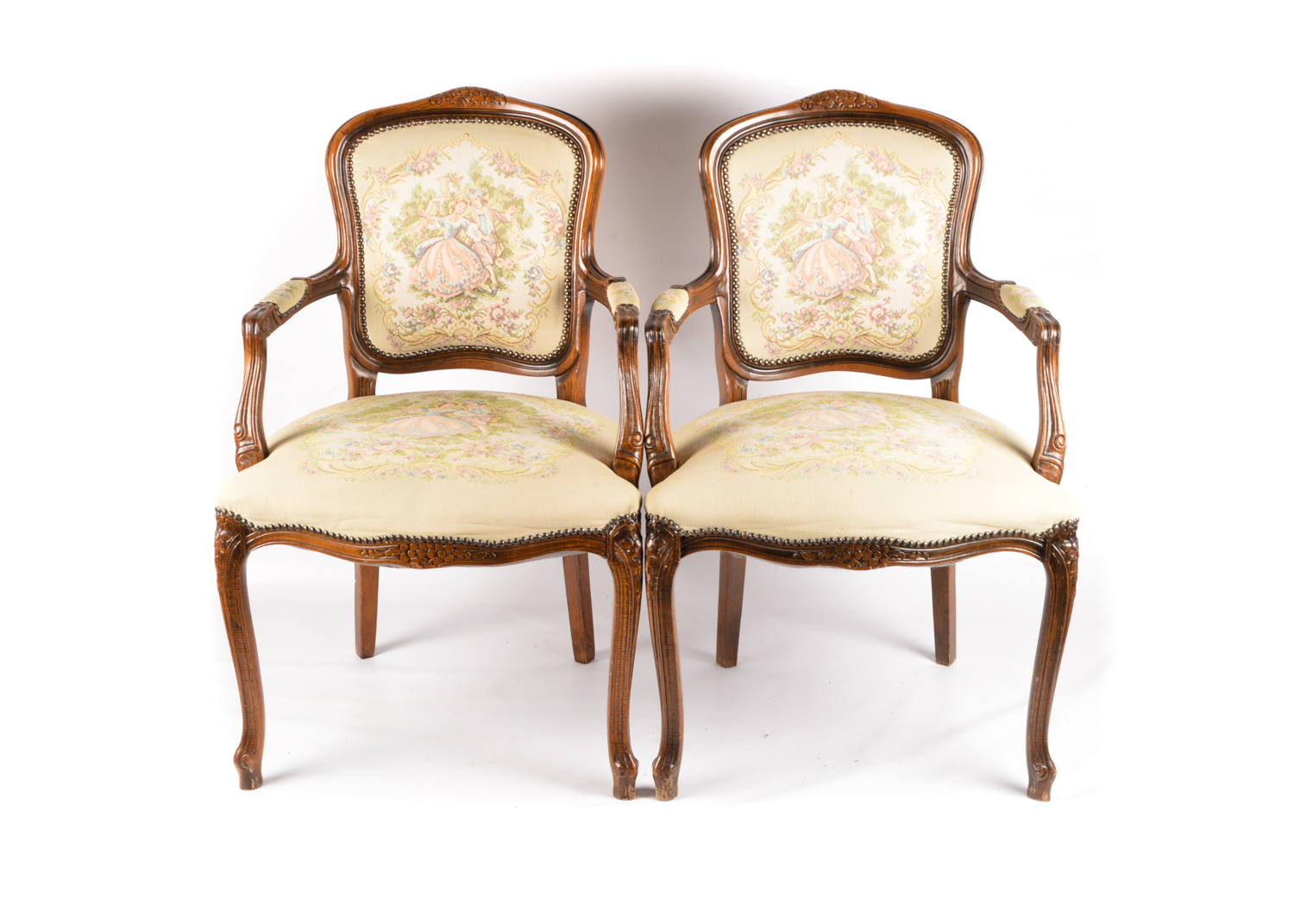 French Provincial Style Carved Walnut Frame Upholstered Armchairs, Late 20th C.