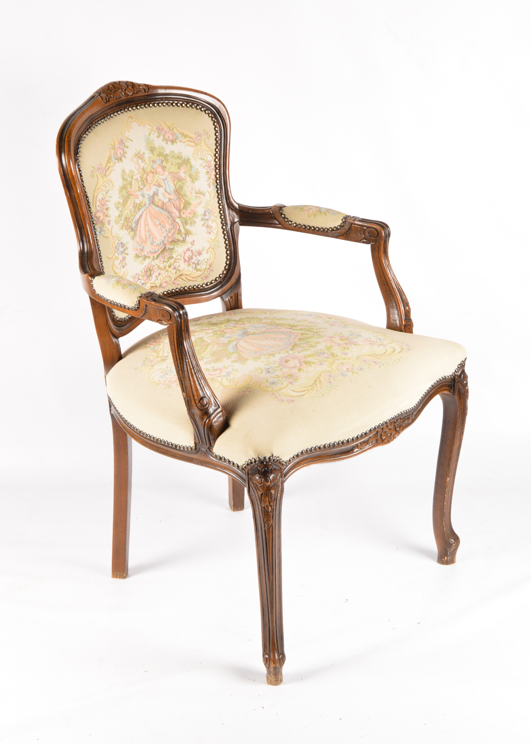 French Provincial Style Carved Walnut Frame Upholstered Armchairs, Late 20th C.