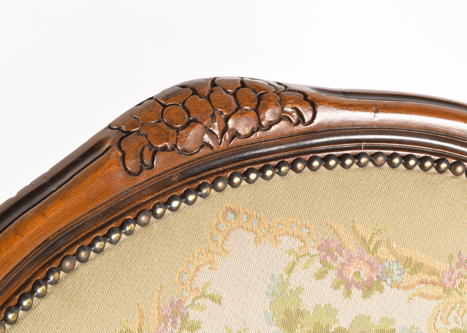 French Provincial Style Carved Walnut Frame Upholstered Armchairs, Late 20th C.