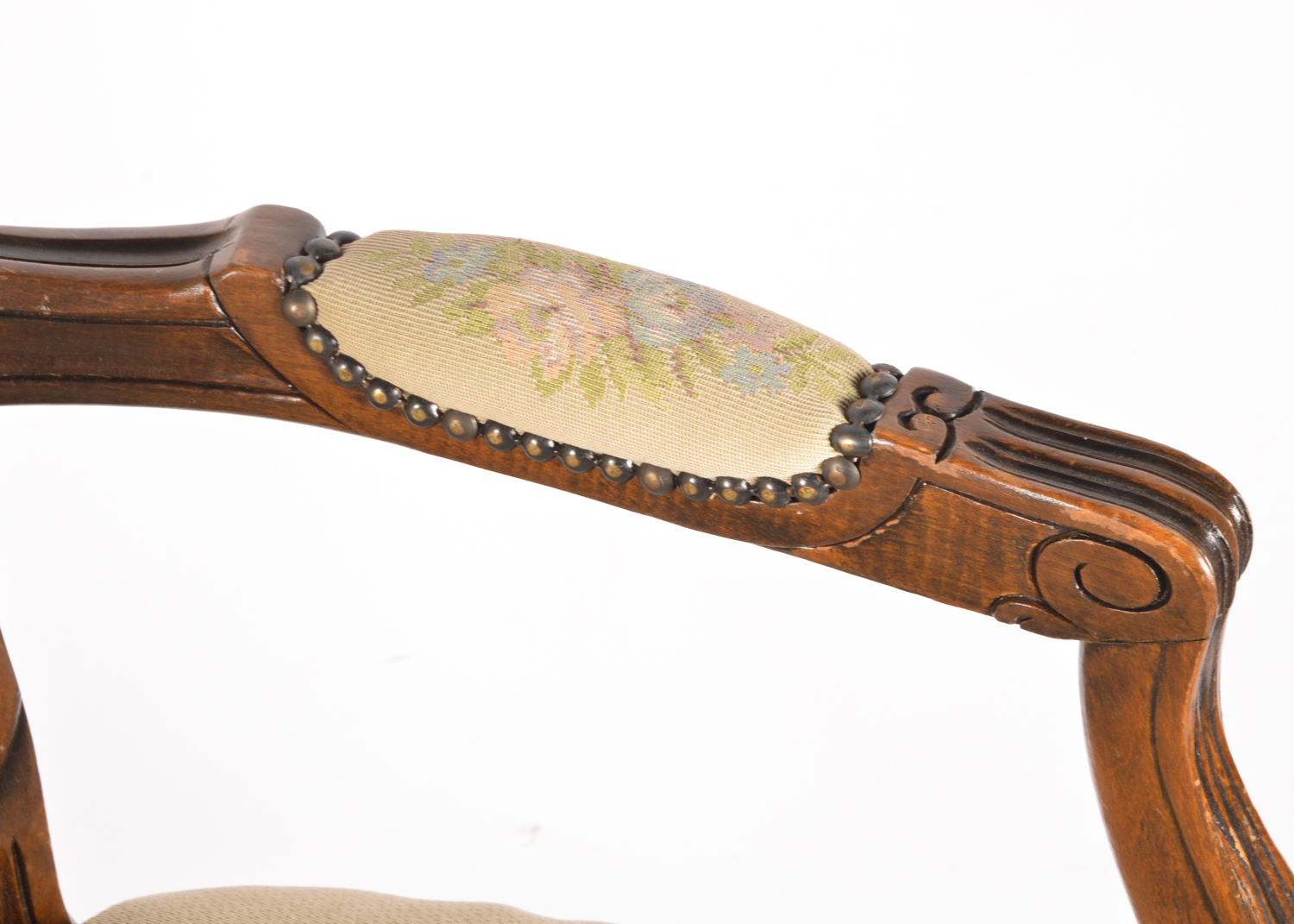 French Provincial Style Carved Walnut Frame Upholstered Armchairs, Late 20th C.