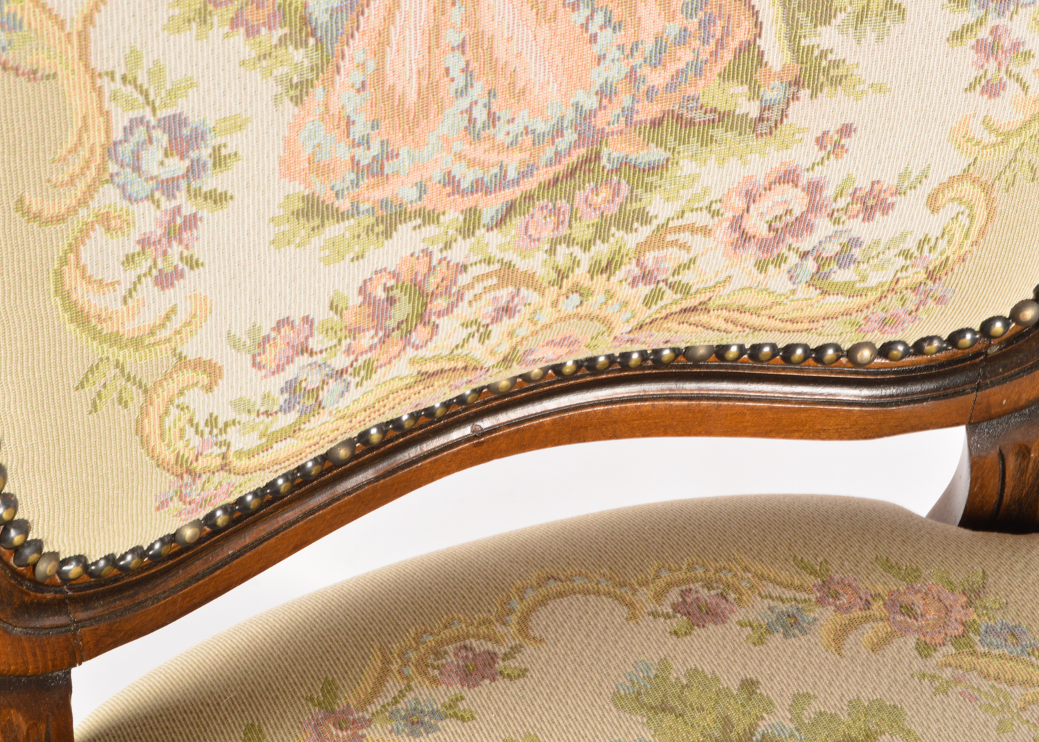 French Provincial Style Carved Walnut Frame Upholstered Armchairs, Late 20th C.