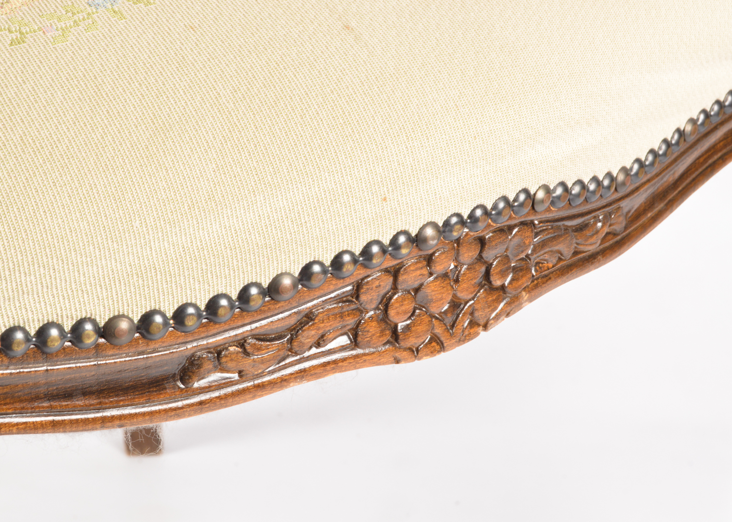 French Provincial Style Carved Walnut Frame Upholstered Armchairs, Late 20th C.