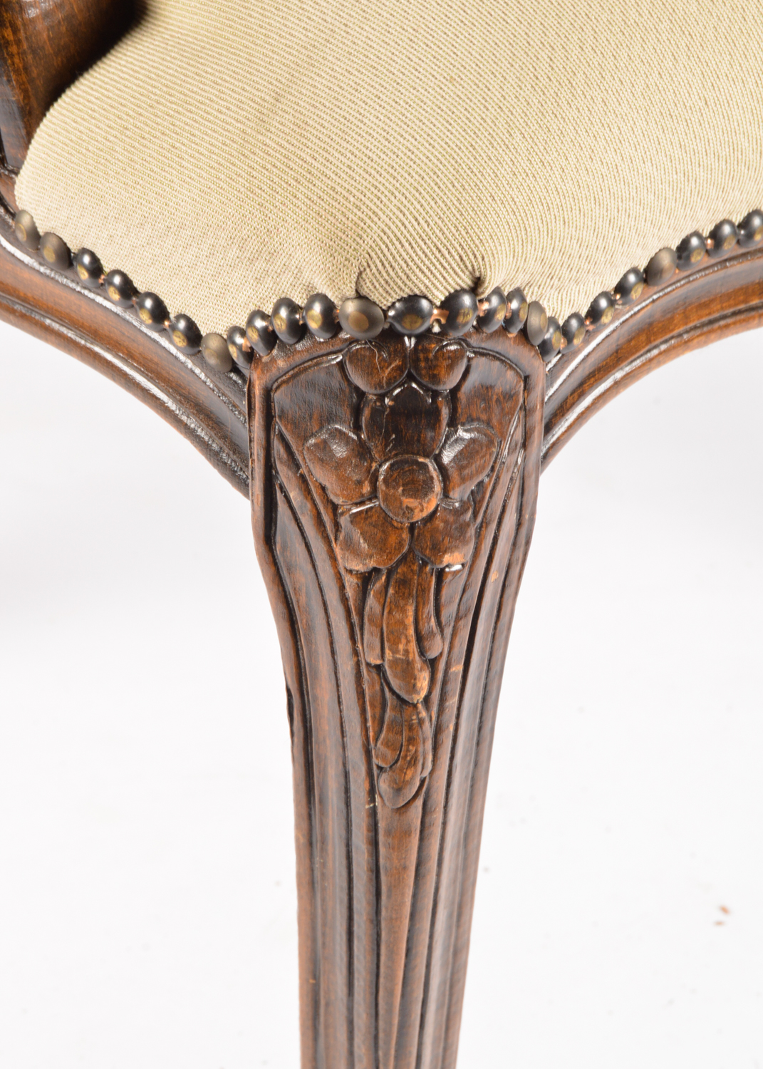 French Provincial Style Carved Walnut Frame Upholstered Armchairs, Late 20th C.