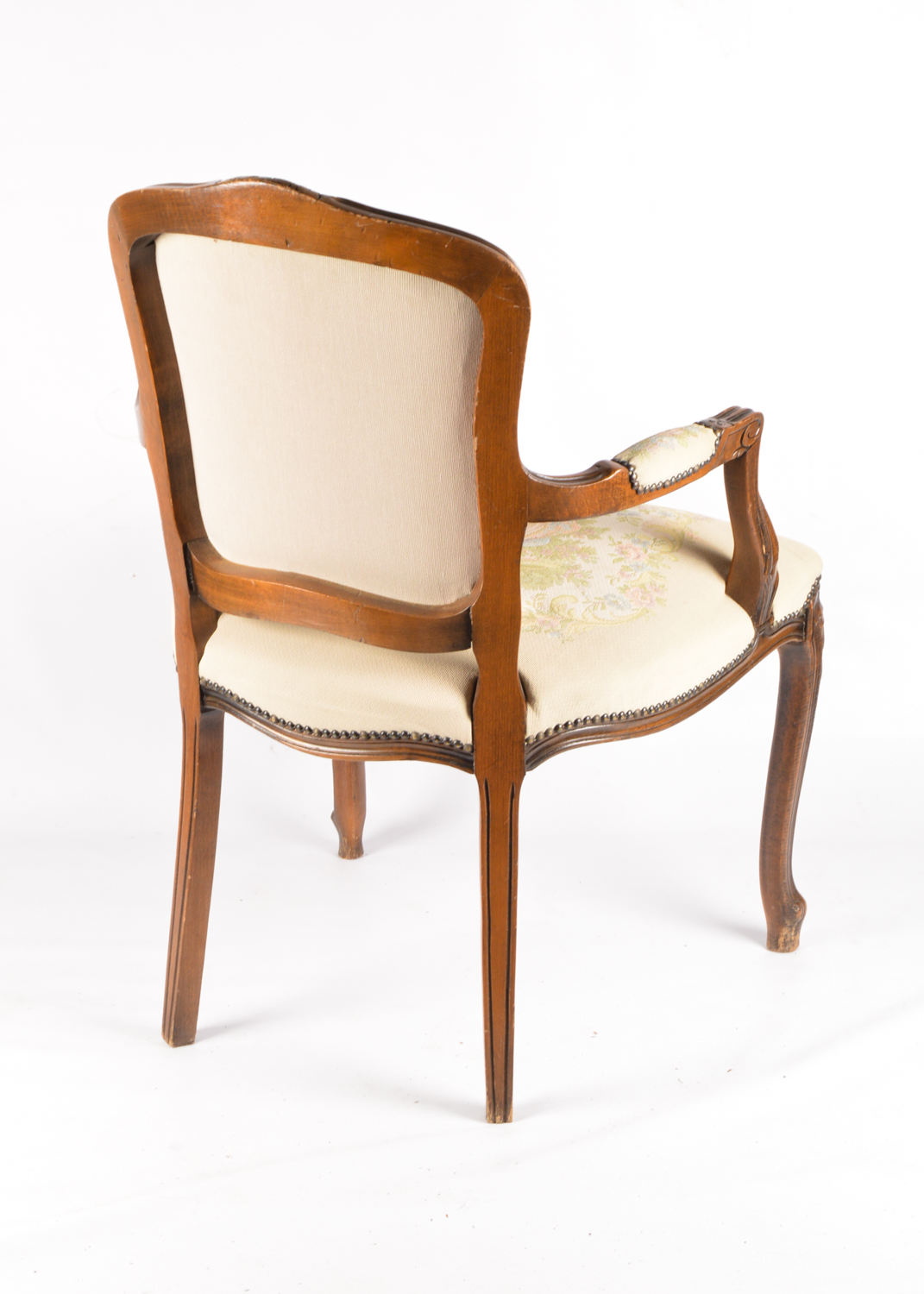 French Provincial Style Carved Walnut Frame Upholstered Armchairs, Late 20th C.