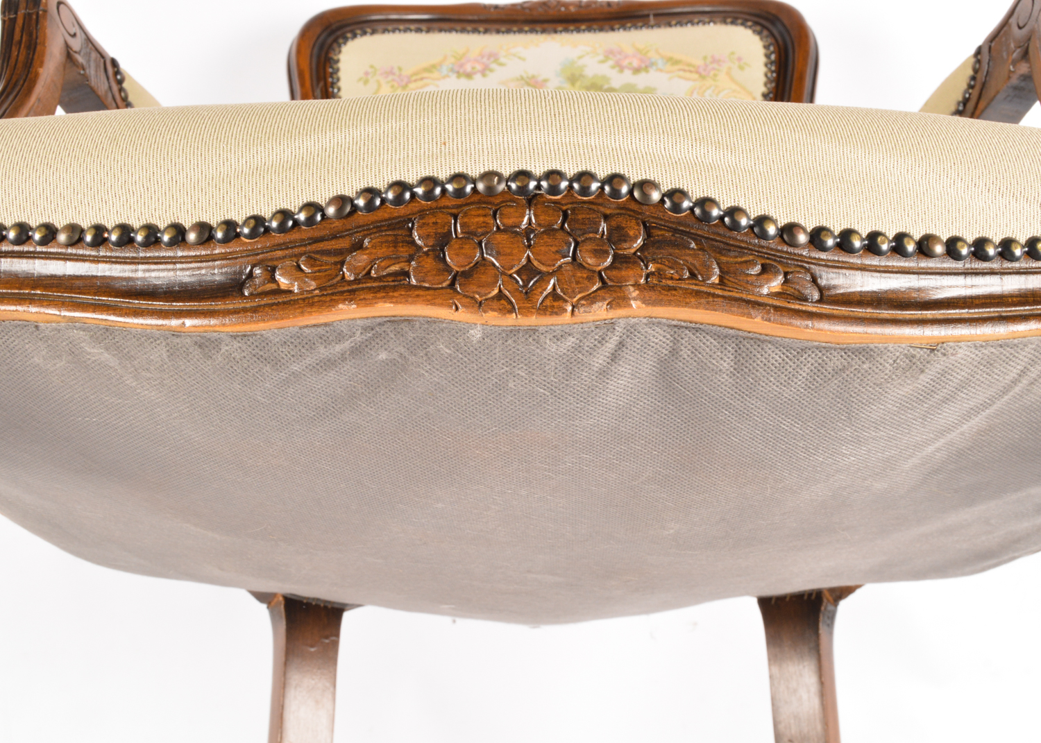 French Provincial Style Carved Walnut Frame Upholstered Armchairs, Late 20th C.