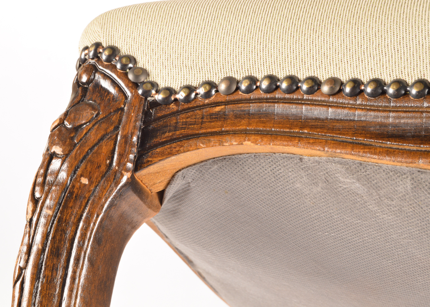 French Provincial Style Carved Walnut Frame Upholstered Armchairs, Late 20th C.