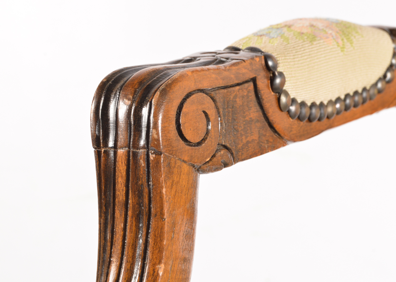 French Provincial Style Carved Walnut Frame Upholstered Armchairs, Late 20th C.