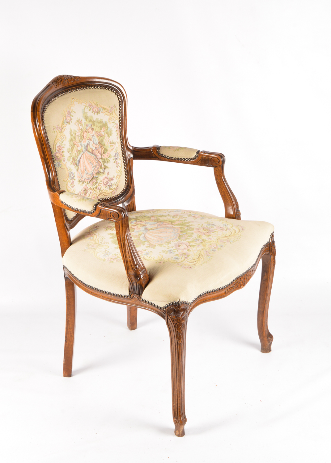 French Provincial Style Carved Walnut Frame Upholstered Armchairs, Late 20th C.