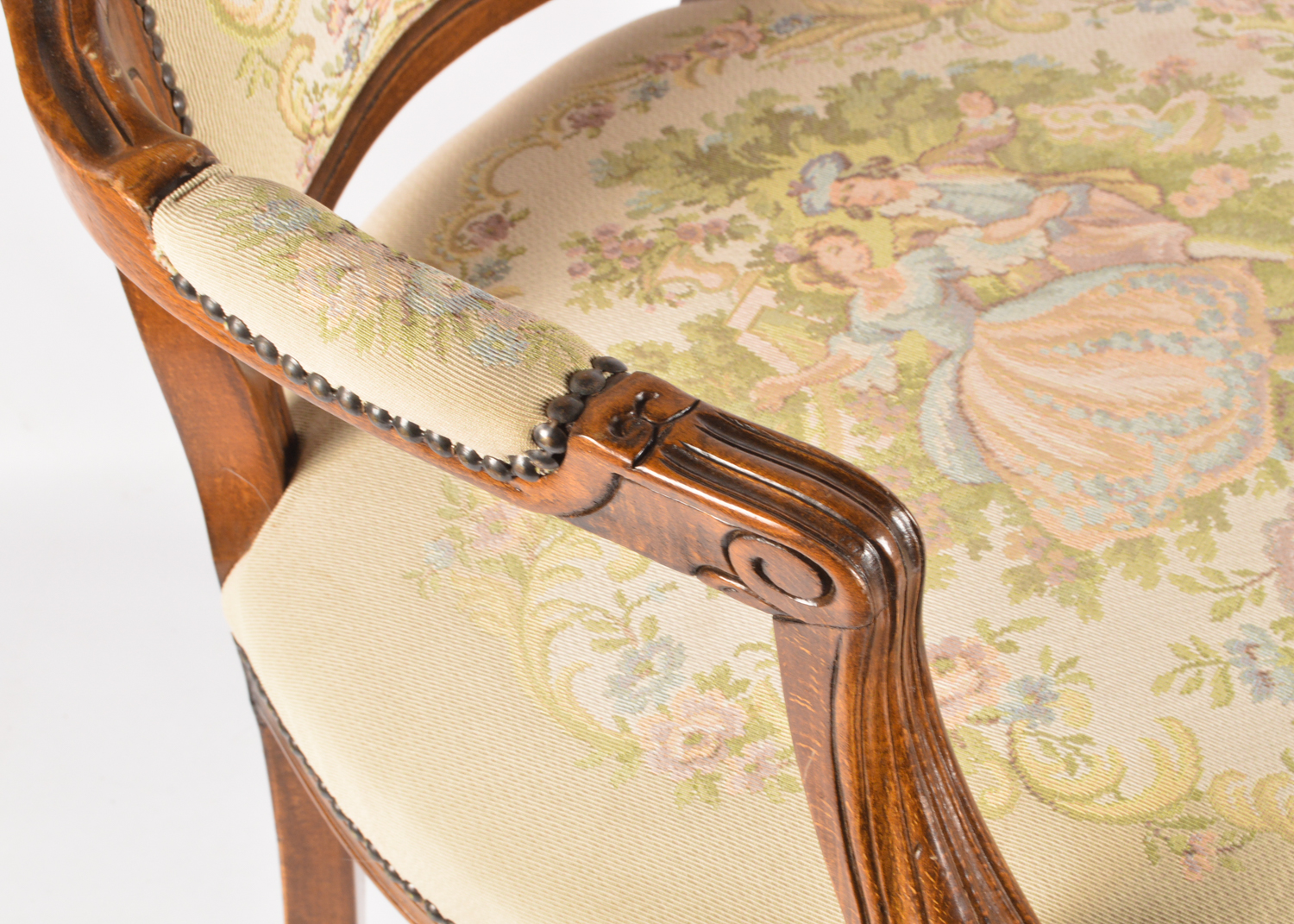 French Provincial Style Carved Walnut Frame Upholstered Armchairs, Late 20th C.