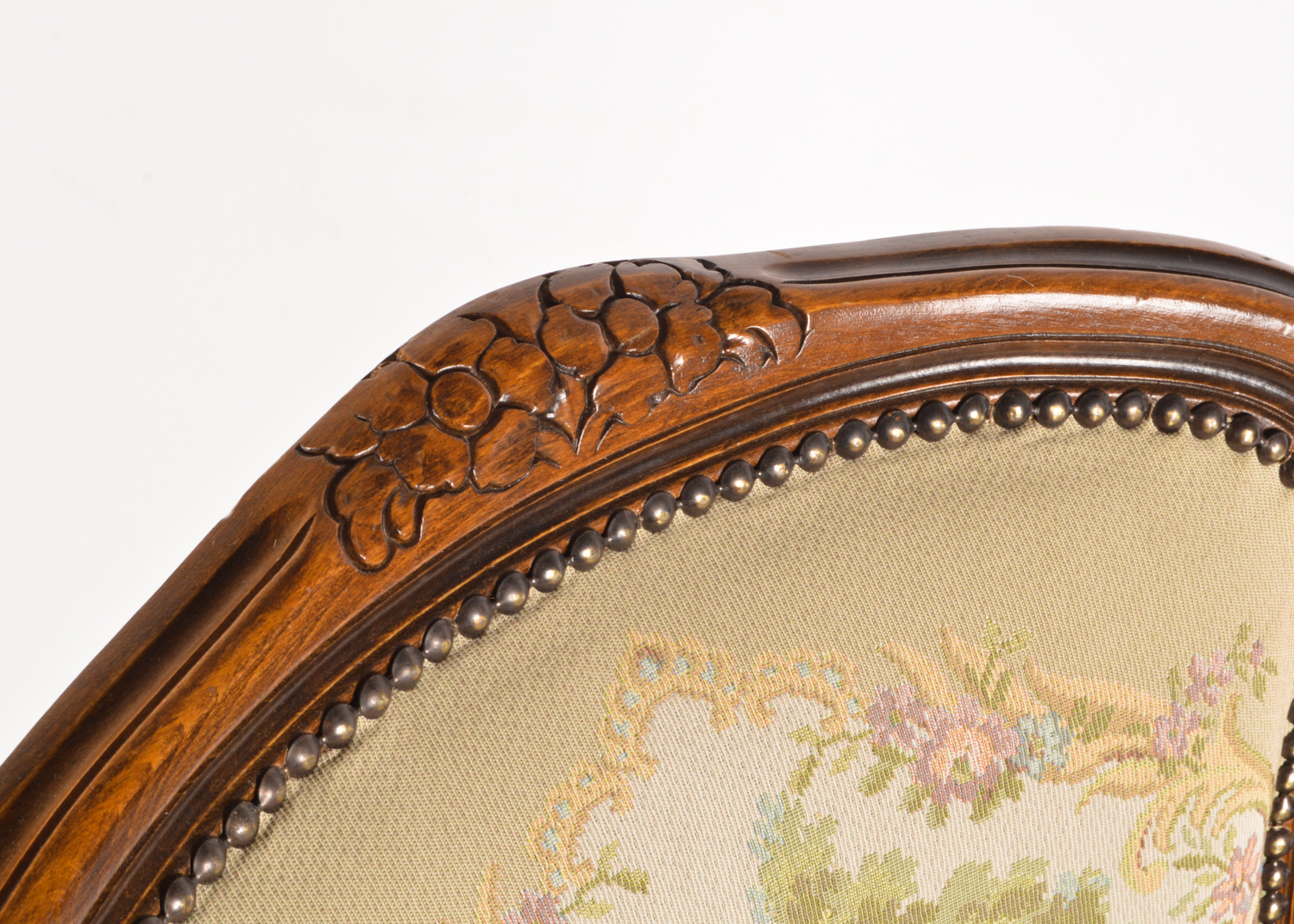 French Provincial Style Carved Walnut Frame Upholstered Armchairs, Late 20th C.