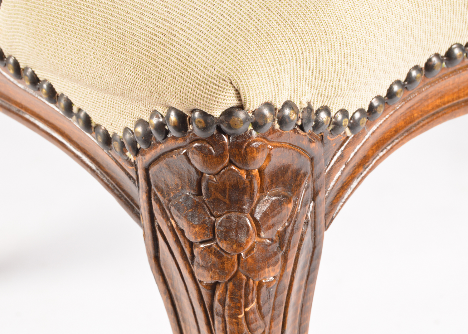 French Provincial Style Carved Walnut Frame Upholstered Armchairs, Late 20th C.