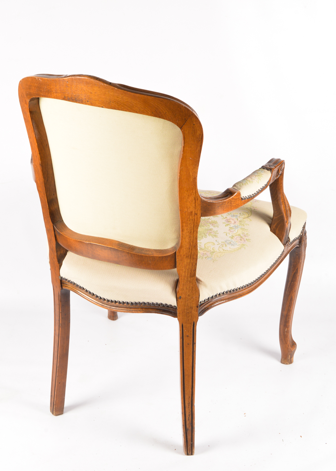 French Provincial Style Carved Walnut Frame Upholstered Armchairs, Late 20th C.