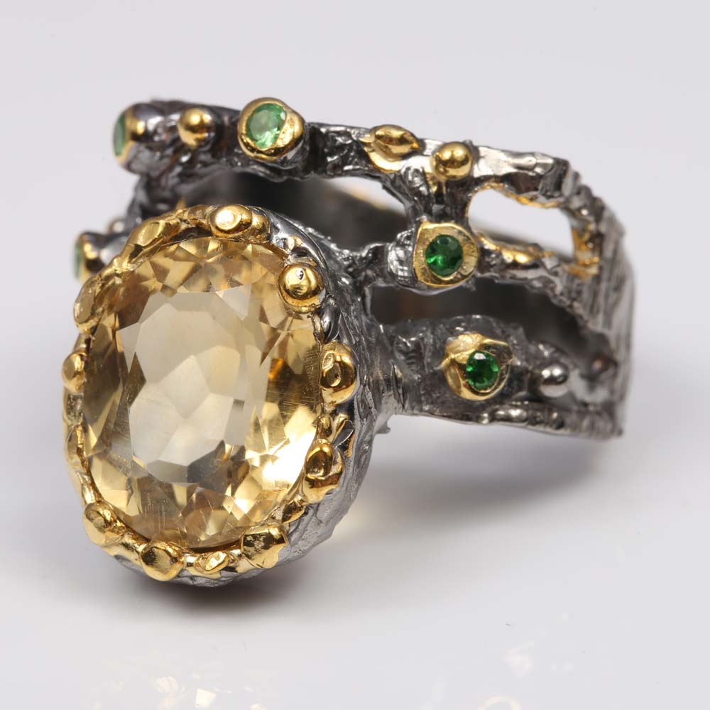 Sterling Silver 4.58 CT Citrine and Peridot Ring with Gold Wash Accents