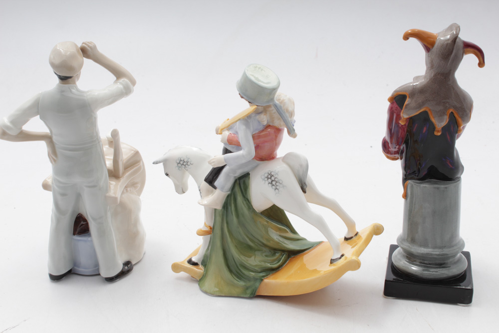 Royal Doulton "The Gardener", "Hold Tight" and "Jester" Bone China Figurines
