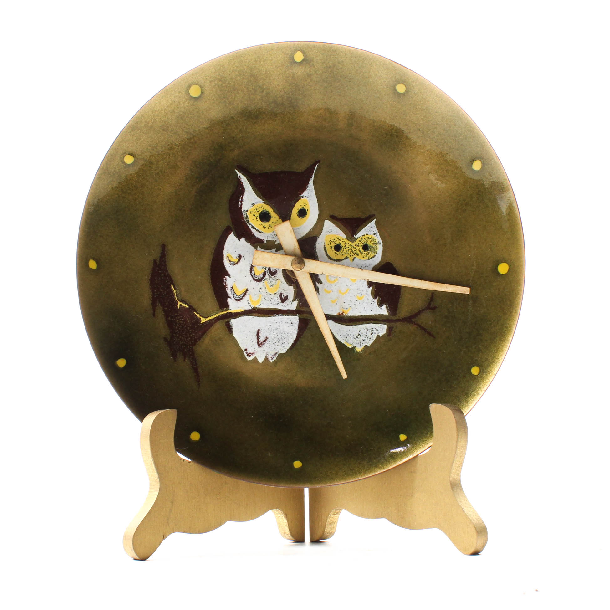 Mid Century Modern Enameled Metal Owl Wall Clock