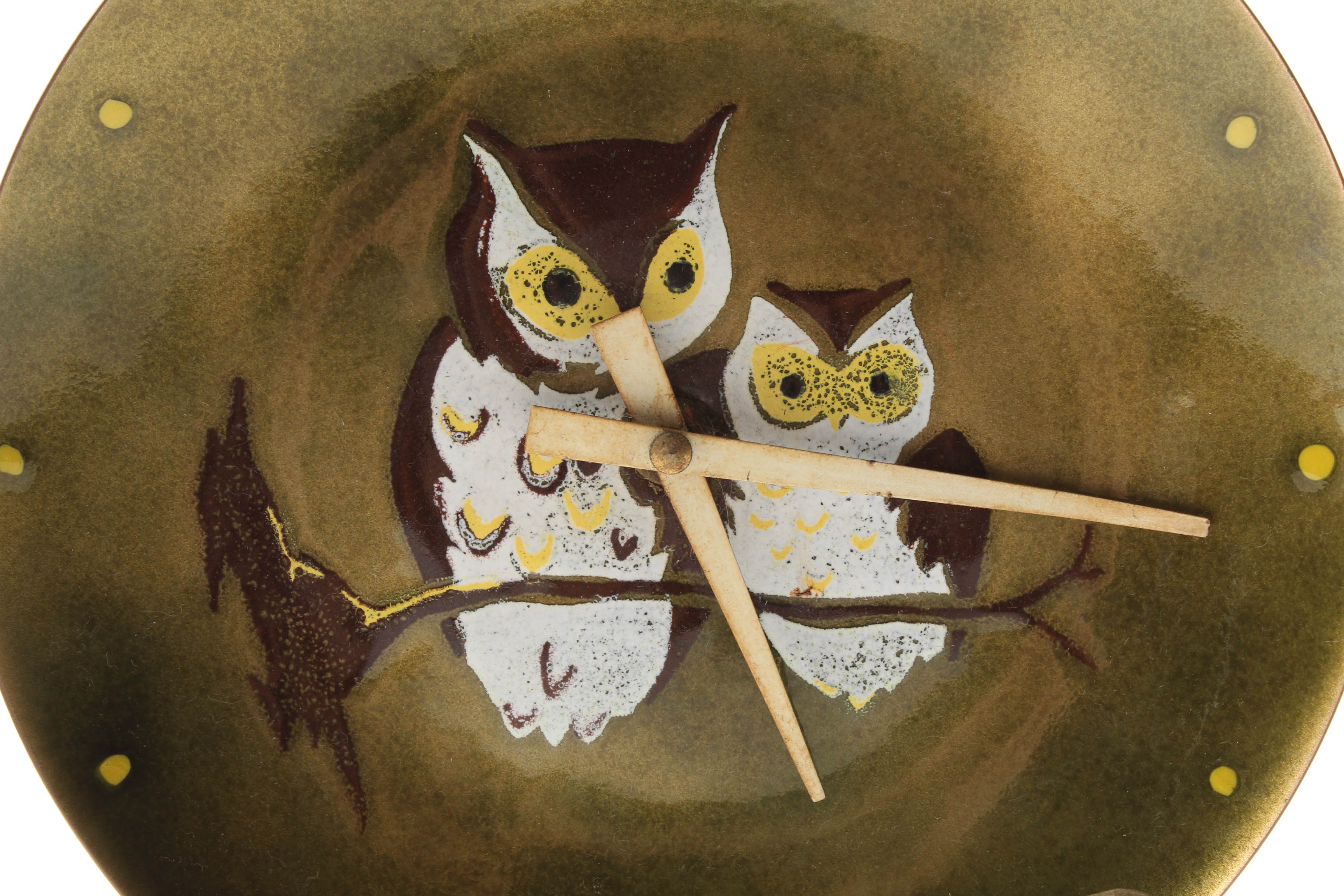 Mid Century Modern Enameled Metal Owl Wall Clock