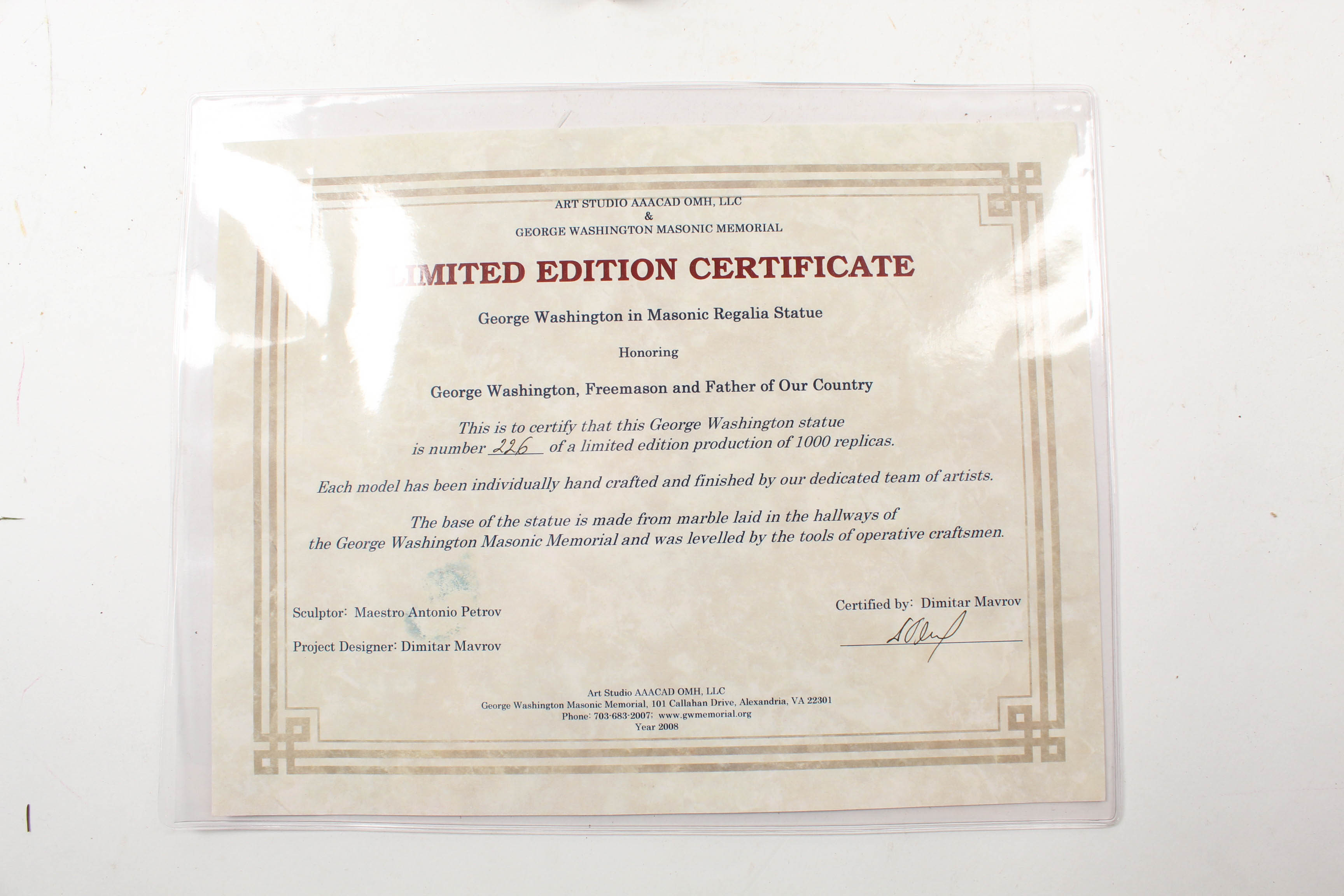 Art Studio AAACAD OMH 2008 Cast Statue "George Washington in Masonic Regalia"