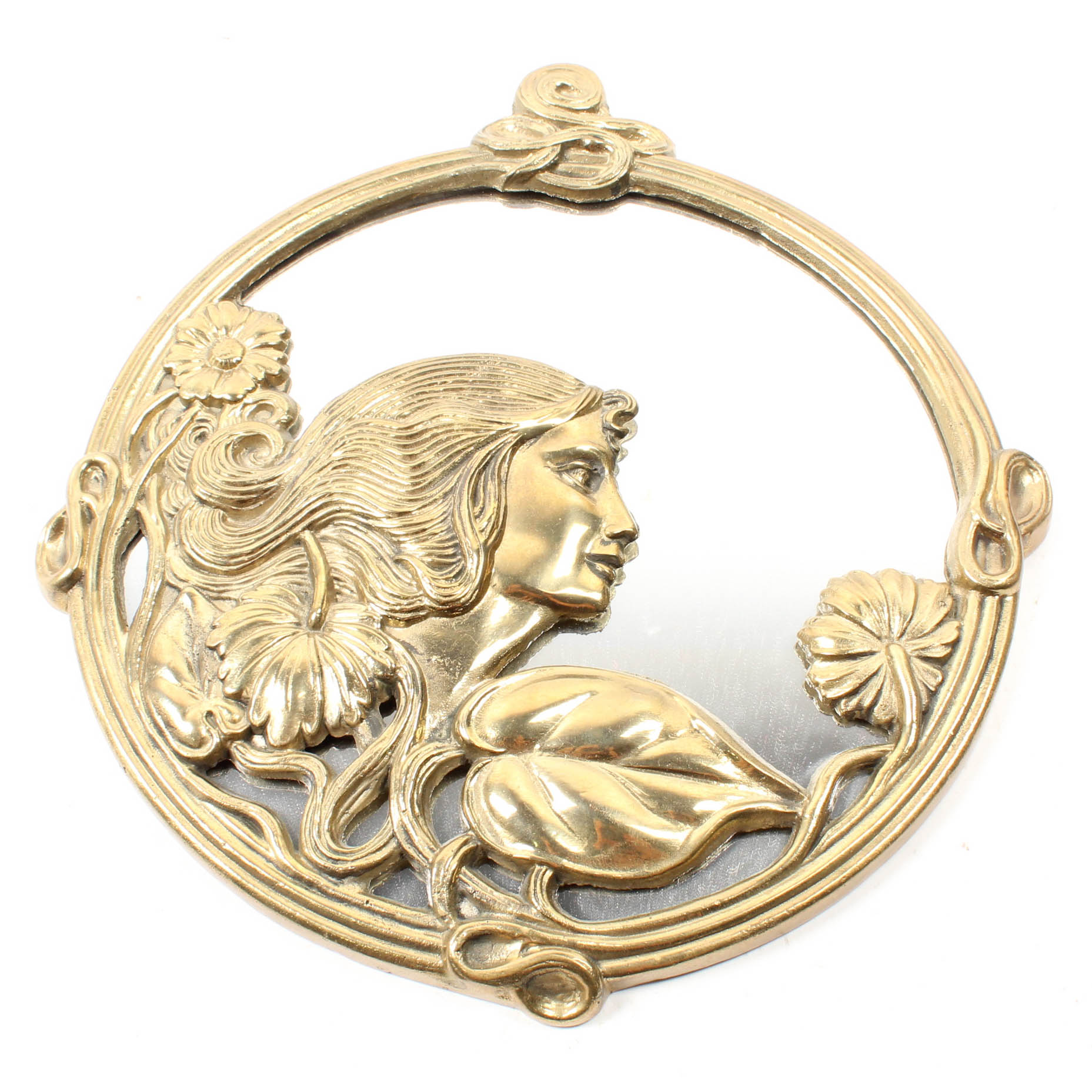 Art Nouveau Style Round Brass Accent Mirror
