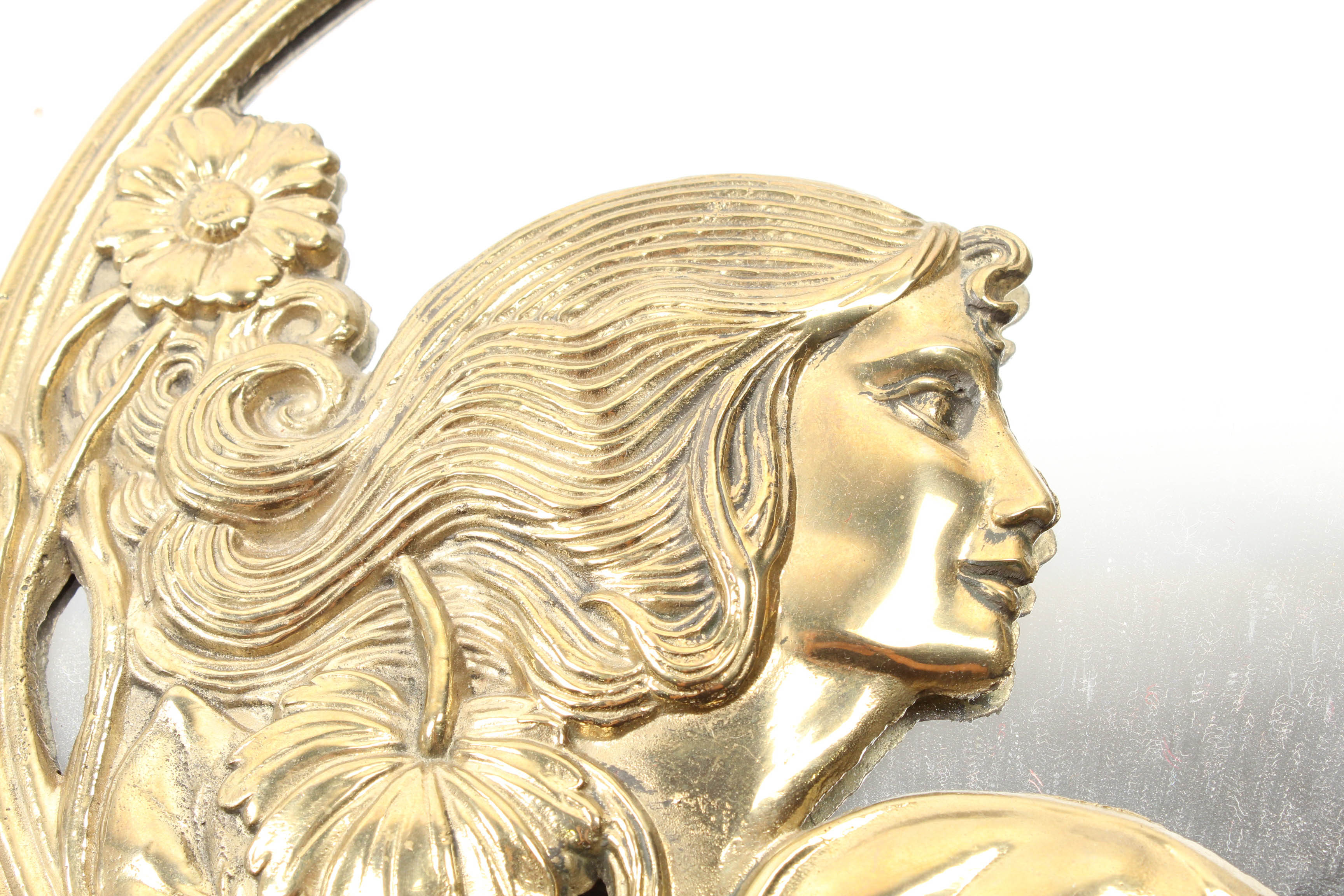 Art Nouveau Style Round Brass Accent Mirror