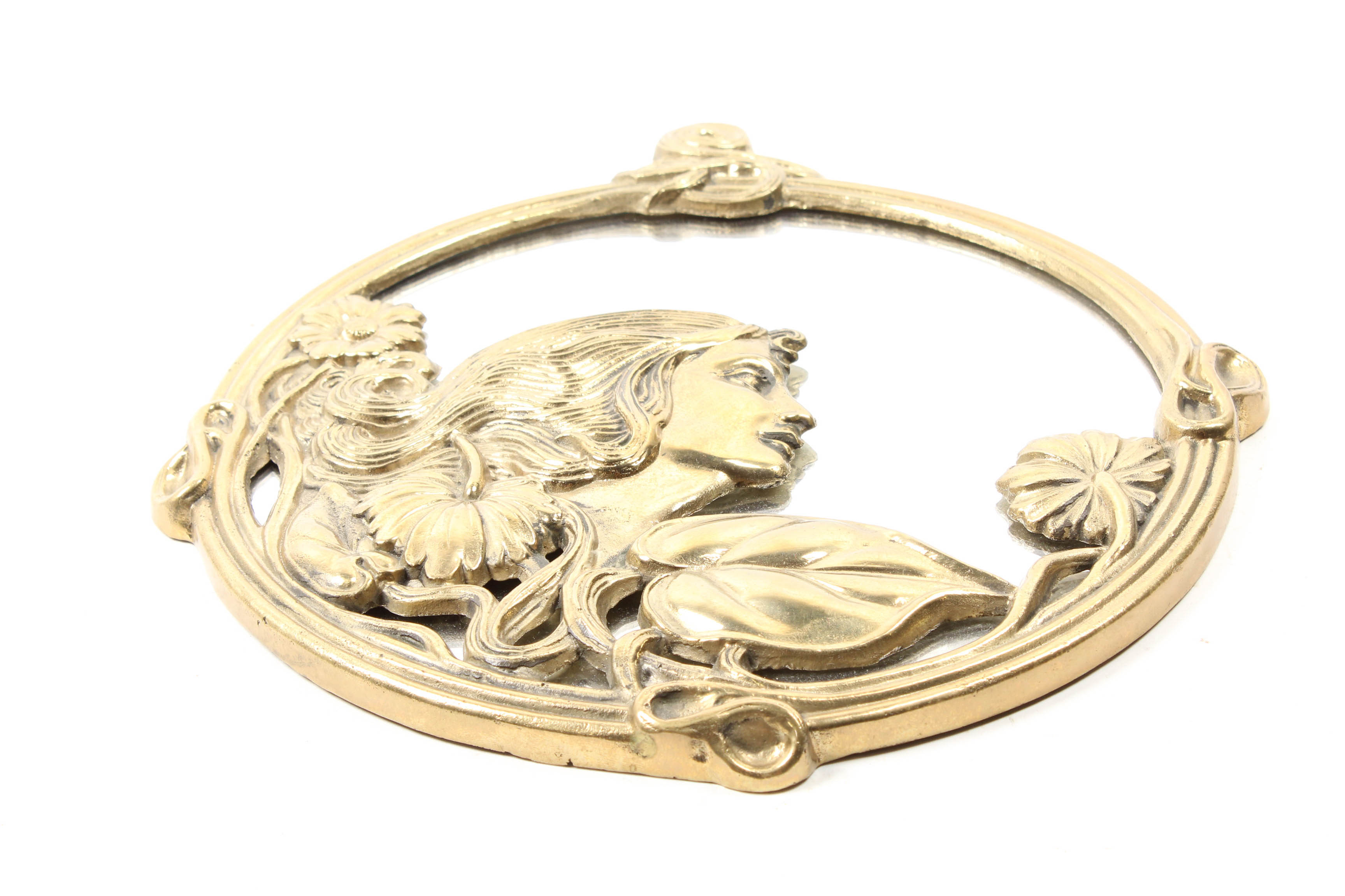 Art Nouveau Style Round Brass Accent Mirror