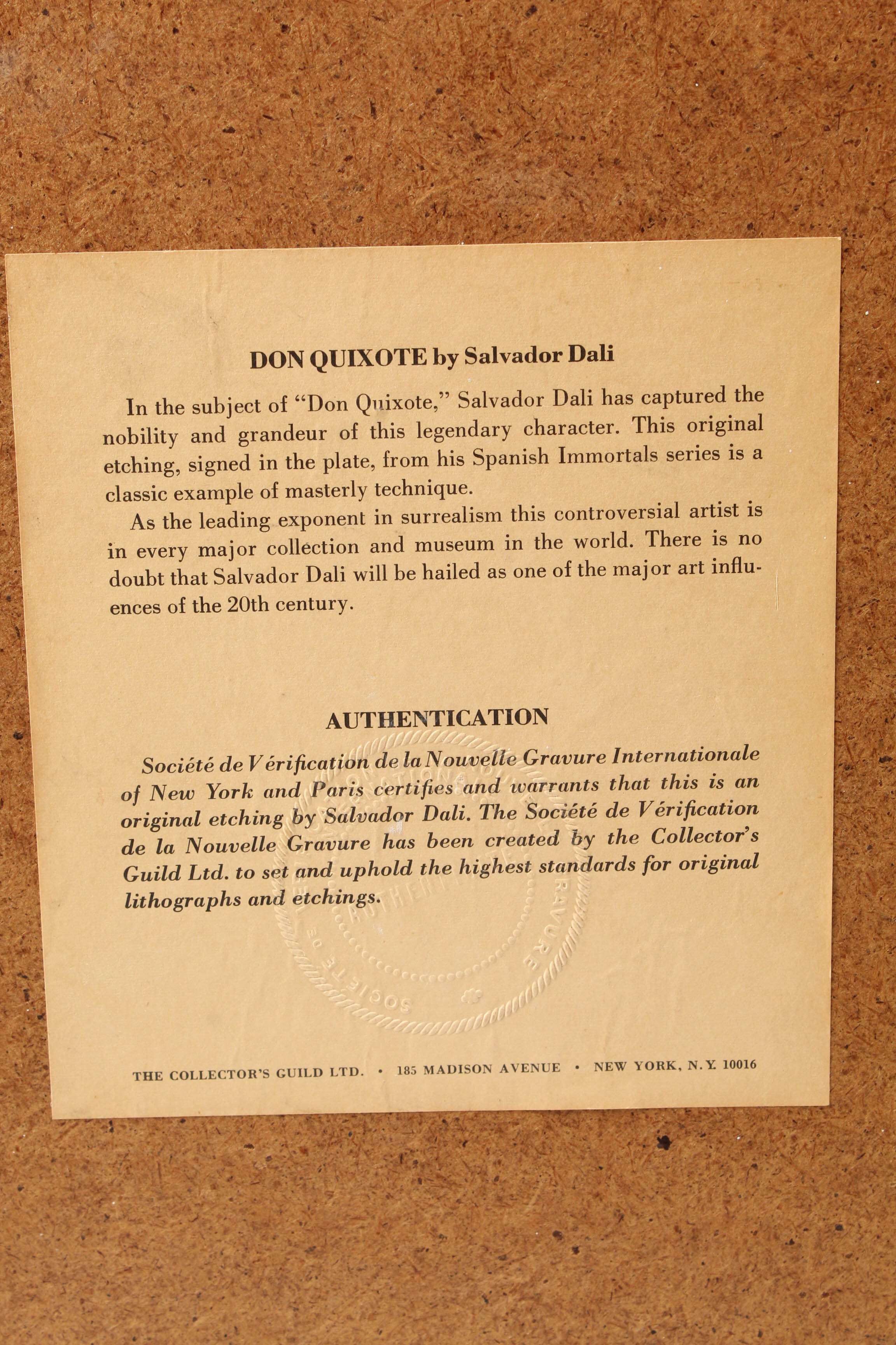 Salvador Dali Restrike Etching "Don Quixote" by The Collector's Guild