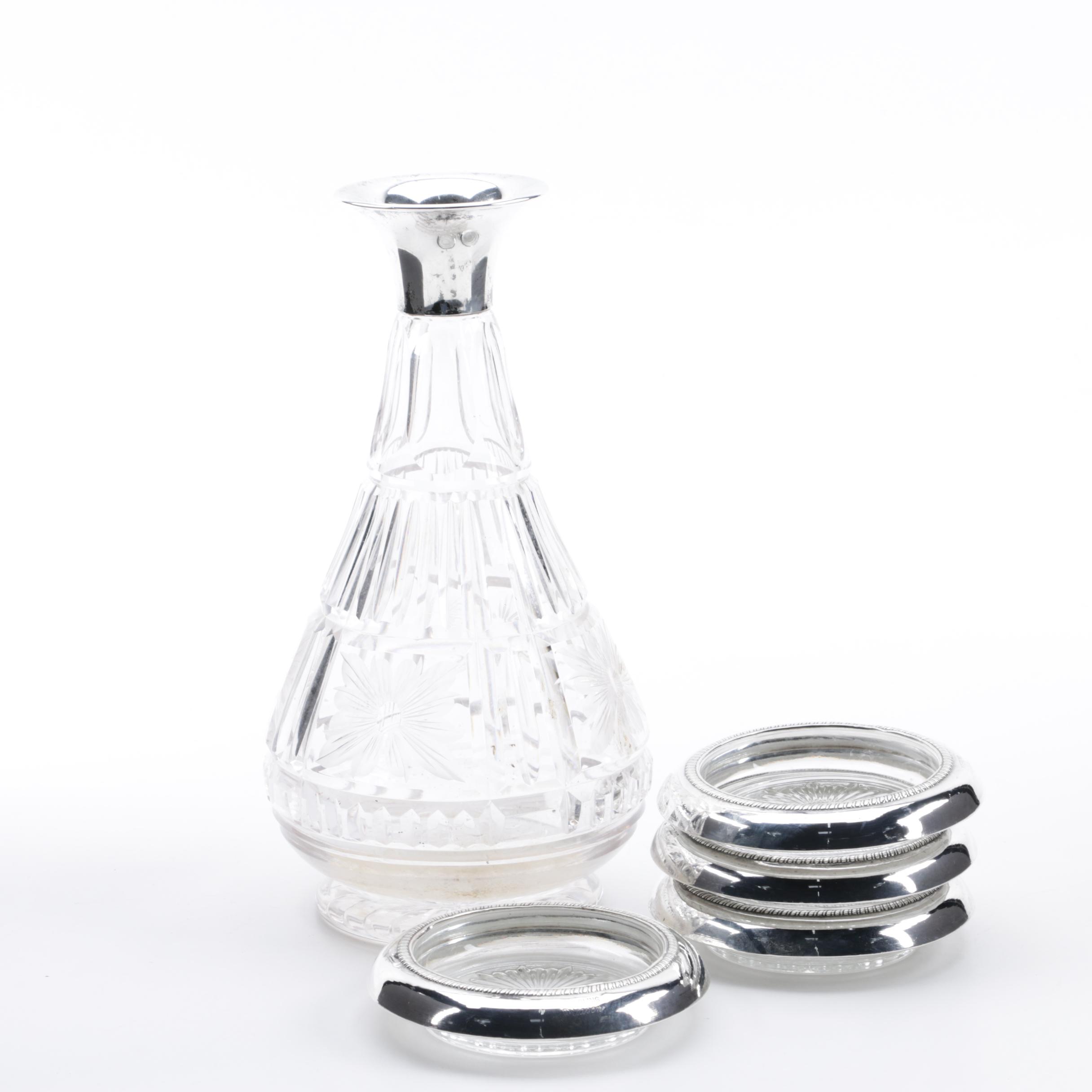 1936 Alexander Clark Sterling Rimmed Glass Decanter with Saben Coaster Set