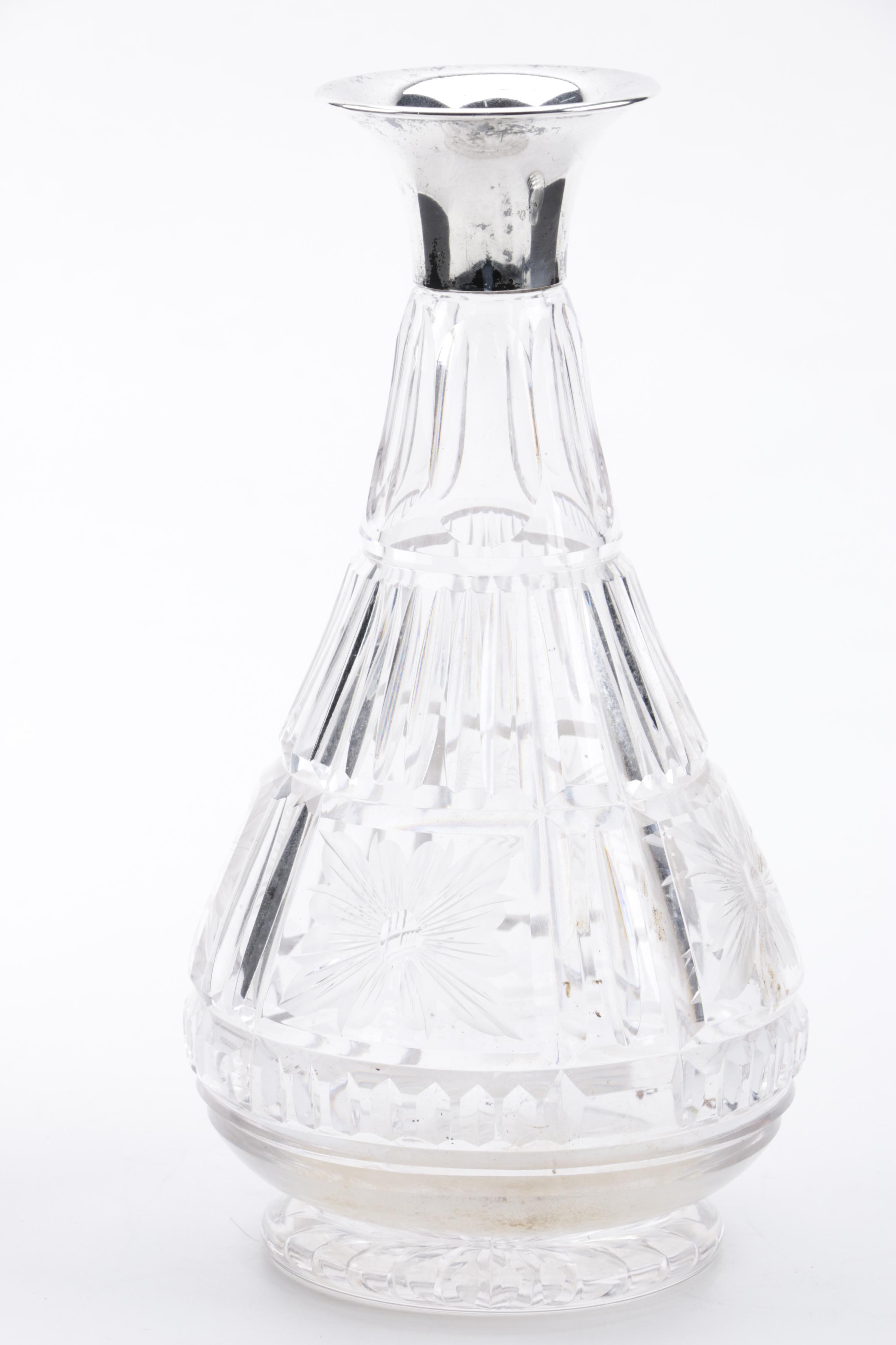 1936 Alexander Clark Sterling Rimmed Glass Decanter with Saben Coaster Set