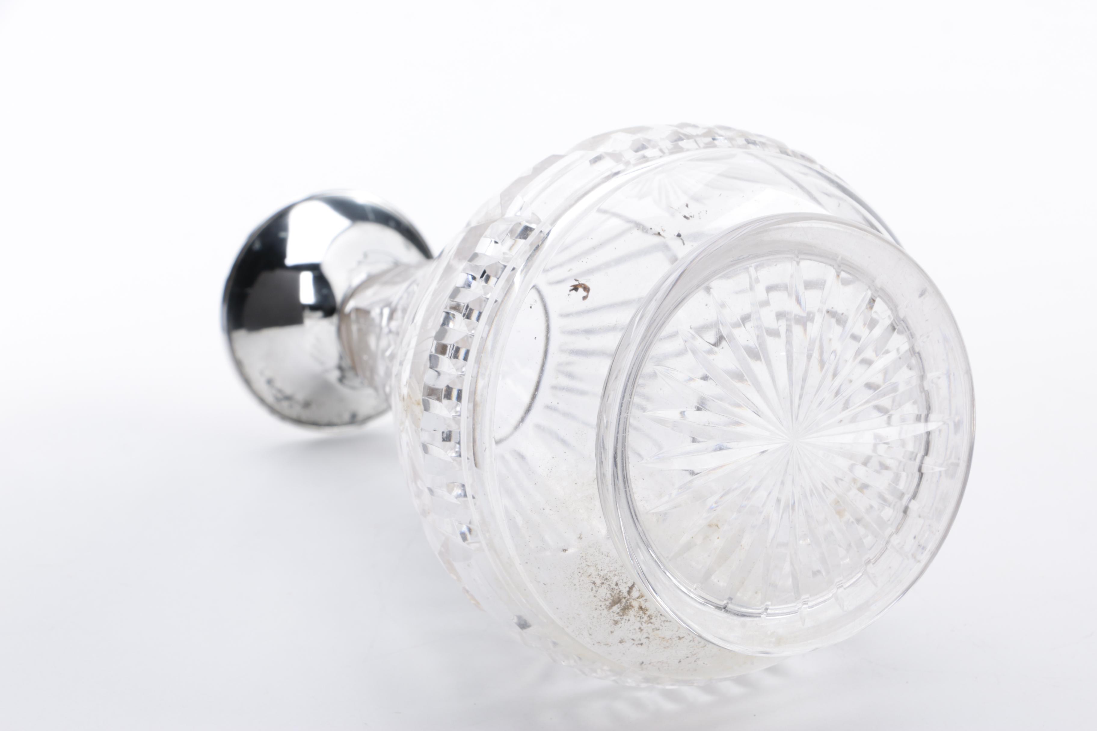 1936 Alexander Clark Sterling Rimmed Glass Decanter with Saben Coaster Set