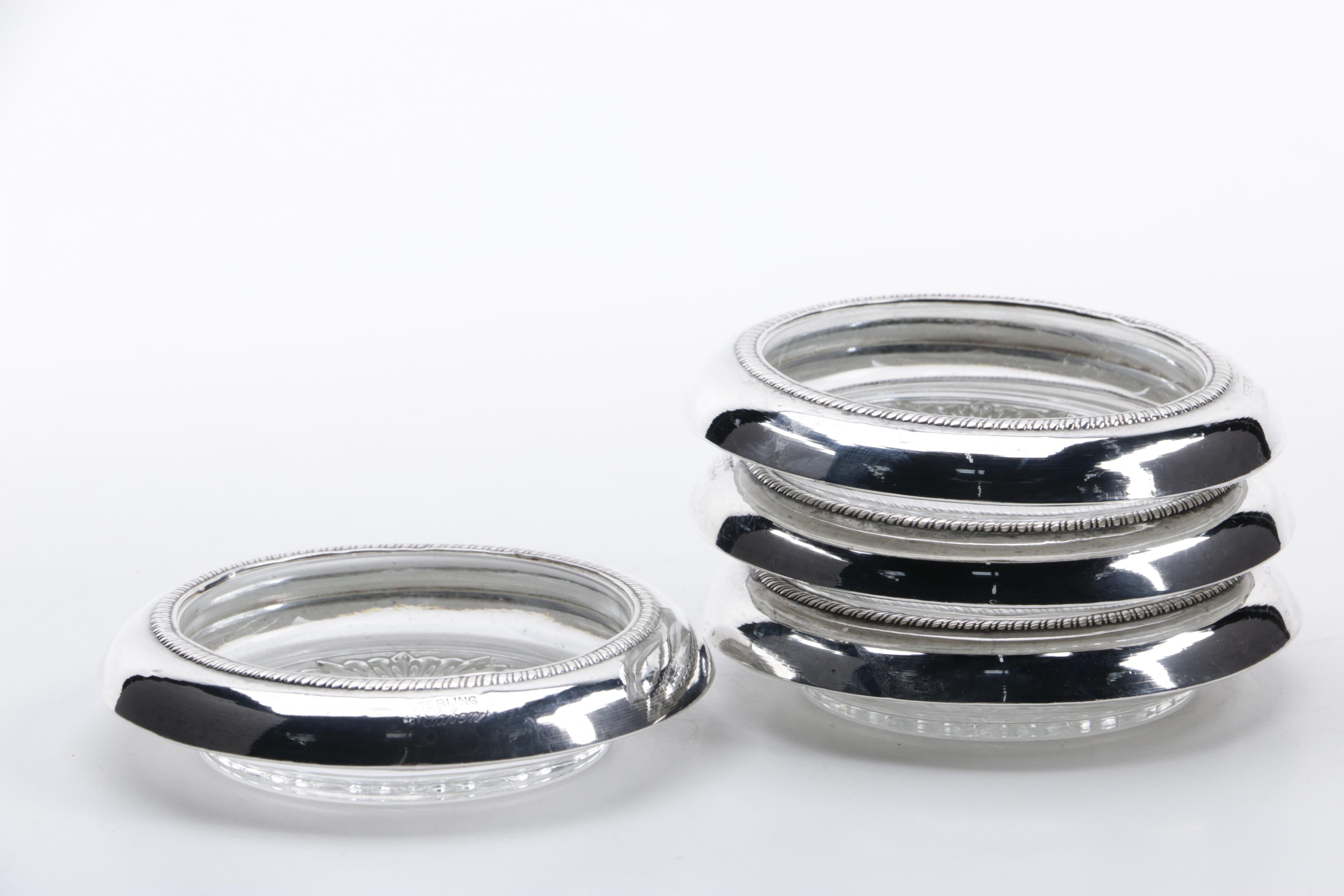 1936 Alexander Clark Sterling Rimmed Glass Decanter with Saben Coaster Set