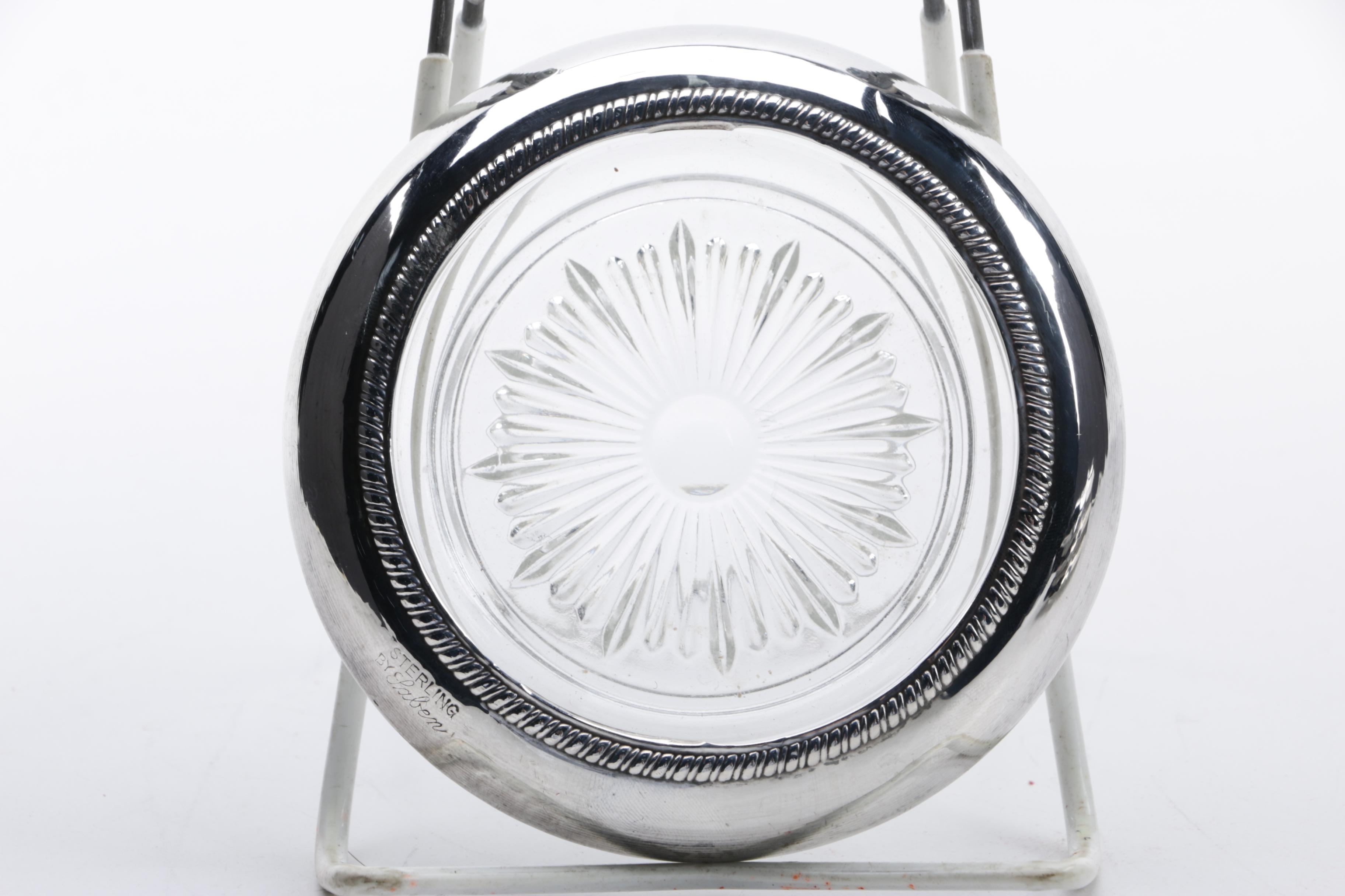 1936 Alexander Clark Sterling Rimmed Glass Decanter with Saben Coaster Set