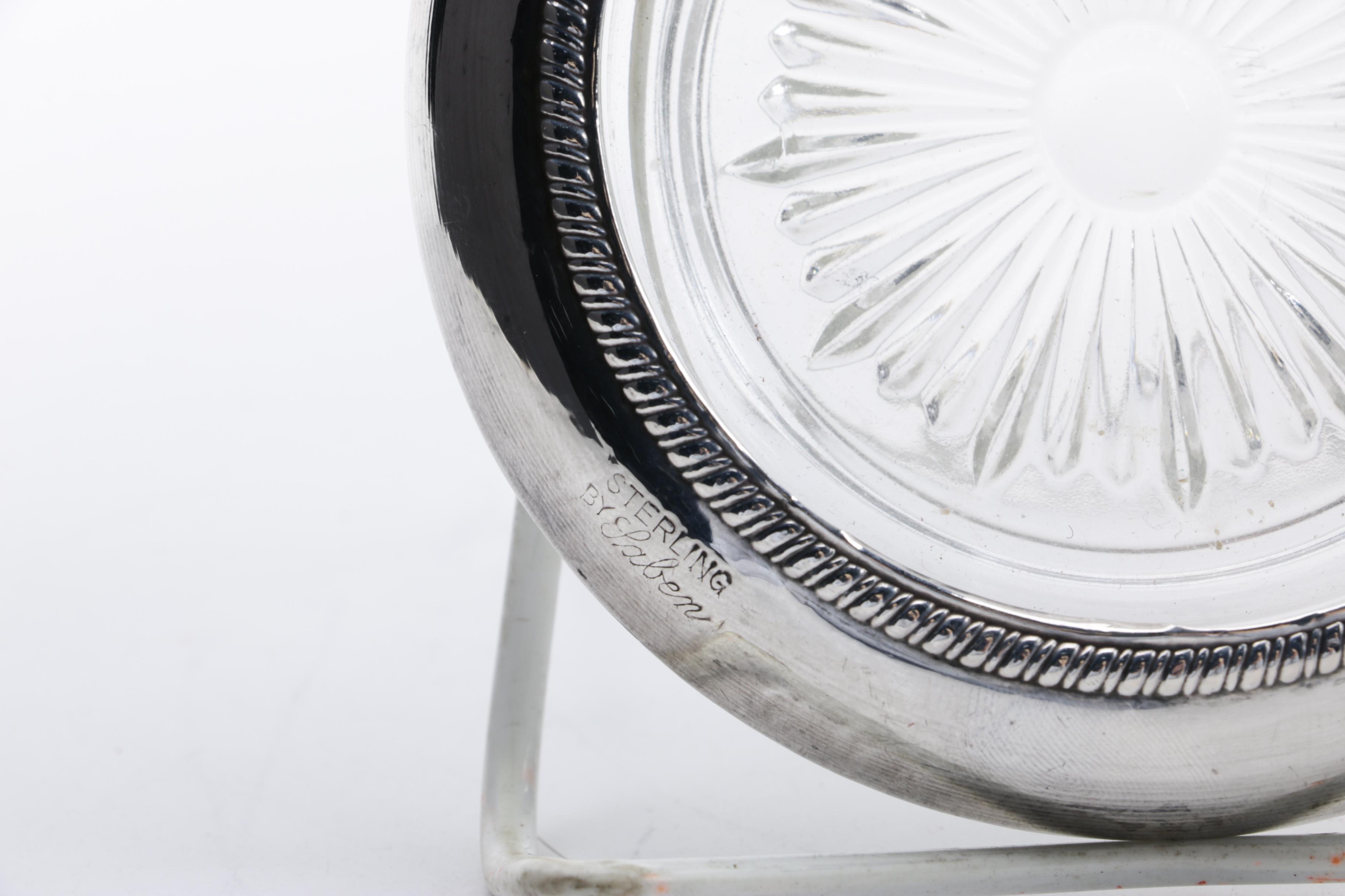 1936 Alexander Clark Sterling Rimmed Glass Decanter with Saben Coaster Set