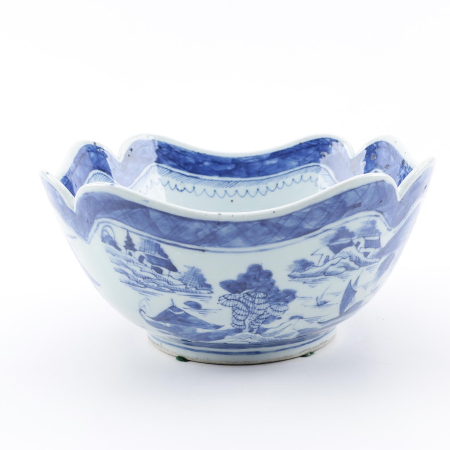 Chinese Canton Style Blue and White Porcelain Bowl