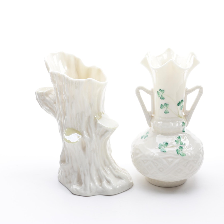 Vintage Belleek "Shamrock" and "Old Oak" Porcelain Vases