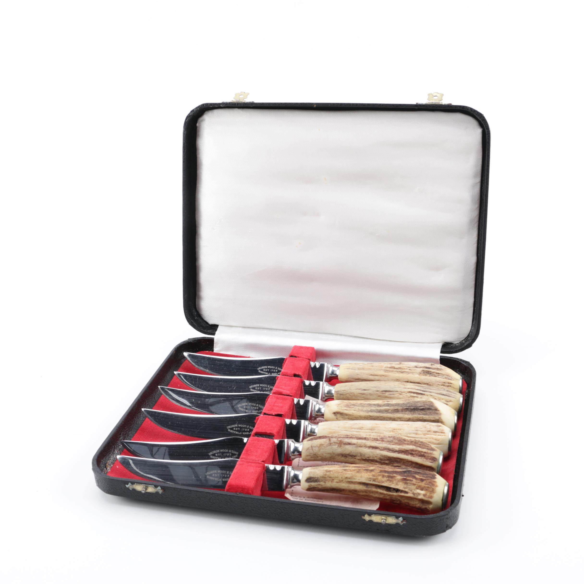 Vintage George Wood & Sons "Bagpipes" Antler Handled Steak Knife Set