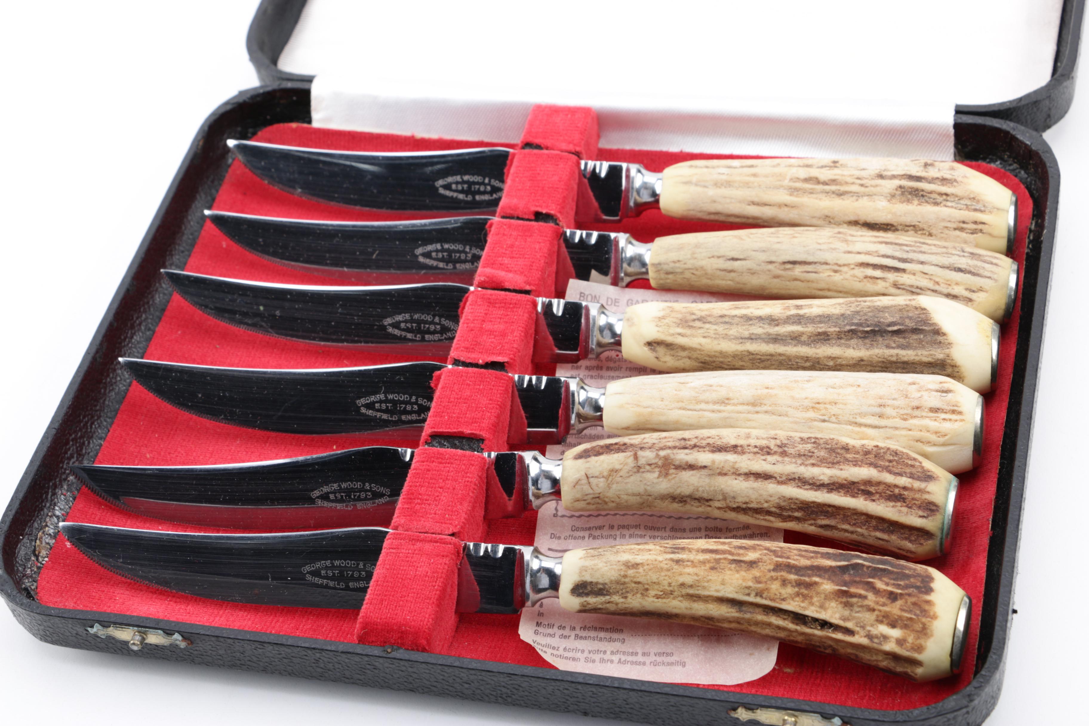 Vintage George Wood & Sons "Bagpipes" Antler Handled Steak Knife Set