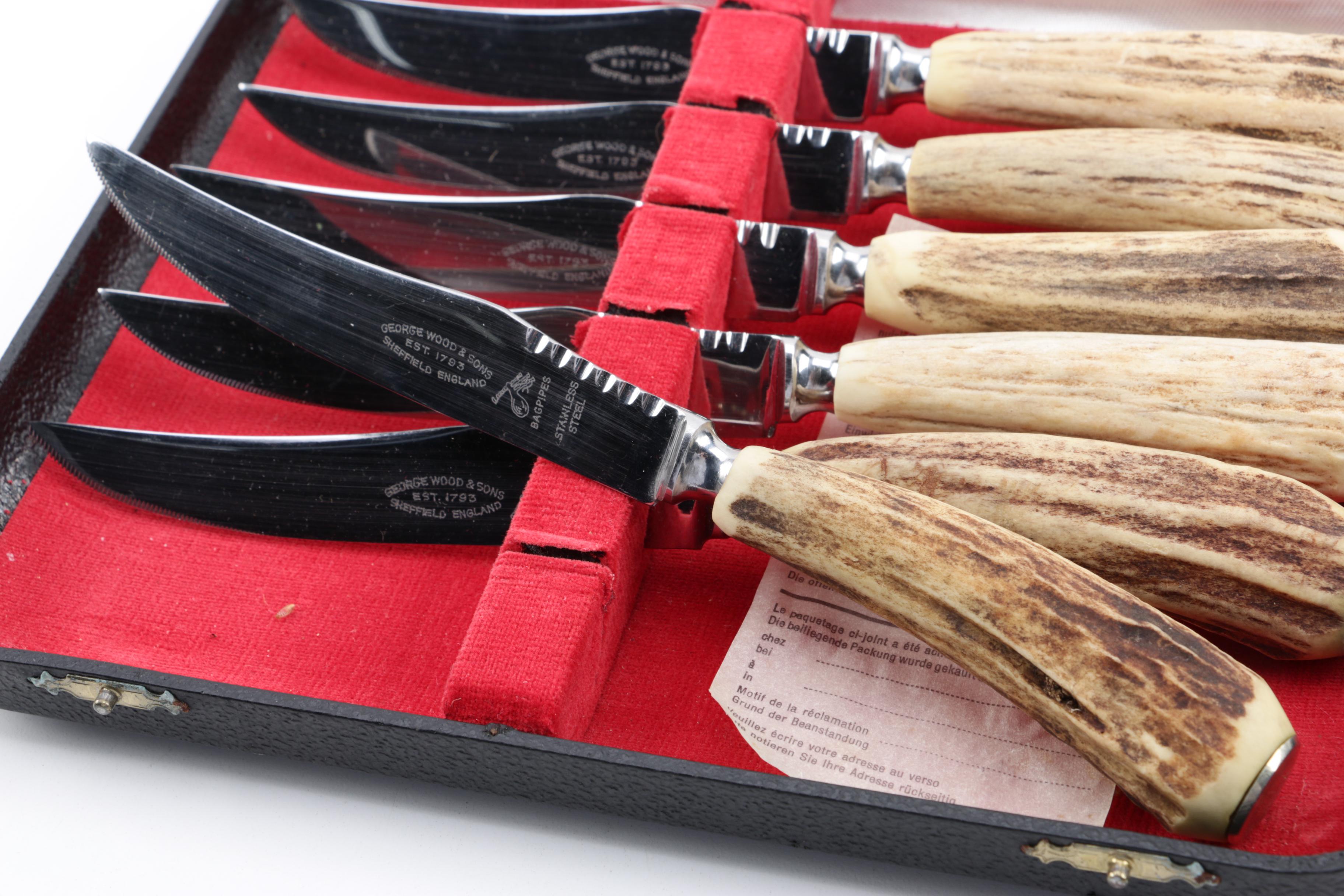 Vintage George Wood & Sons "Bagpipes" Antler Handled Steak Knife Set