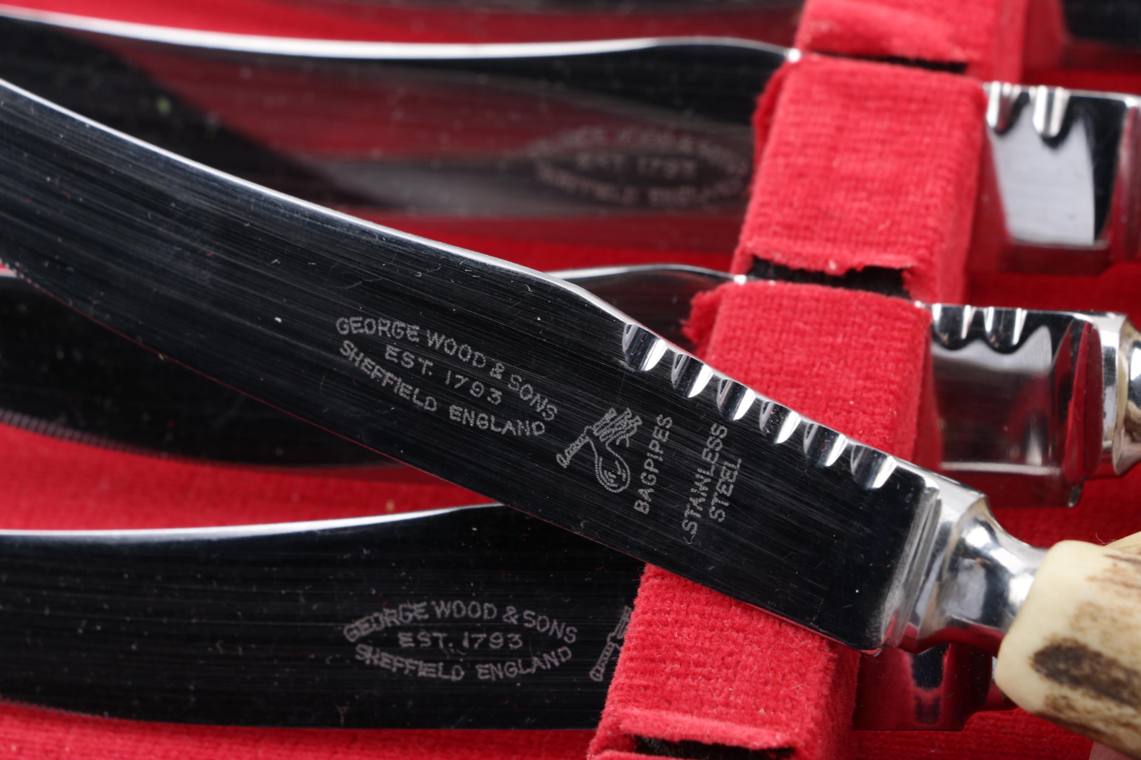 Vintage George Wood & Sons "Bagpipes" Antler Handled Steak Knife Set