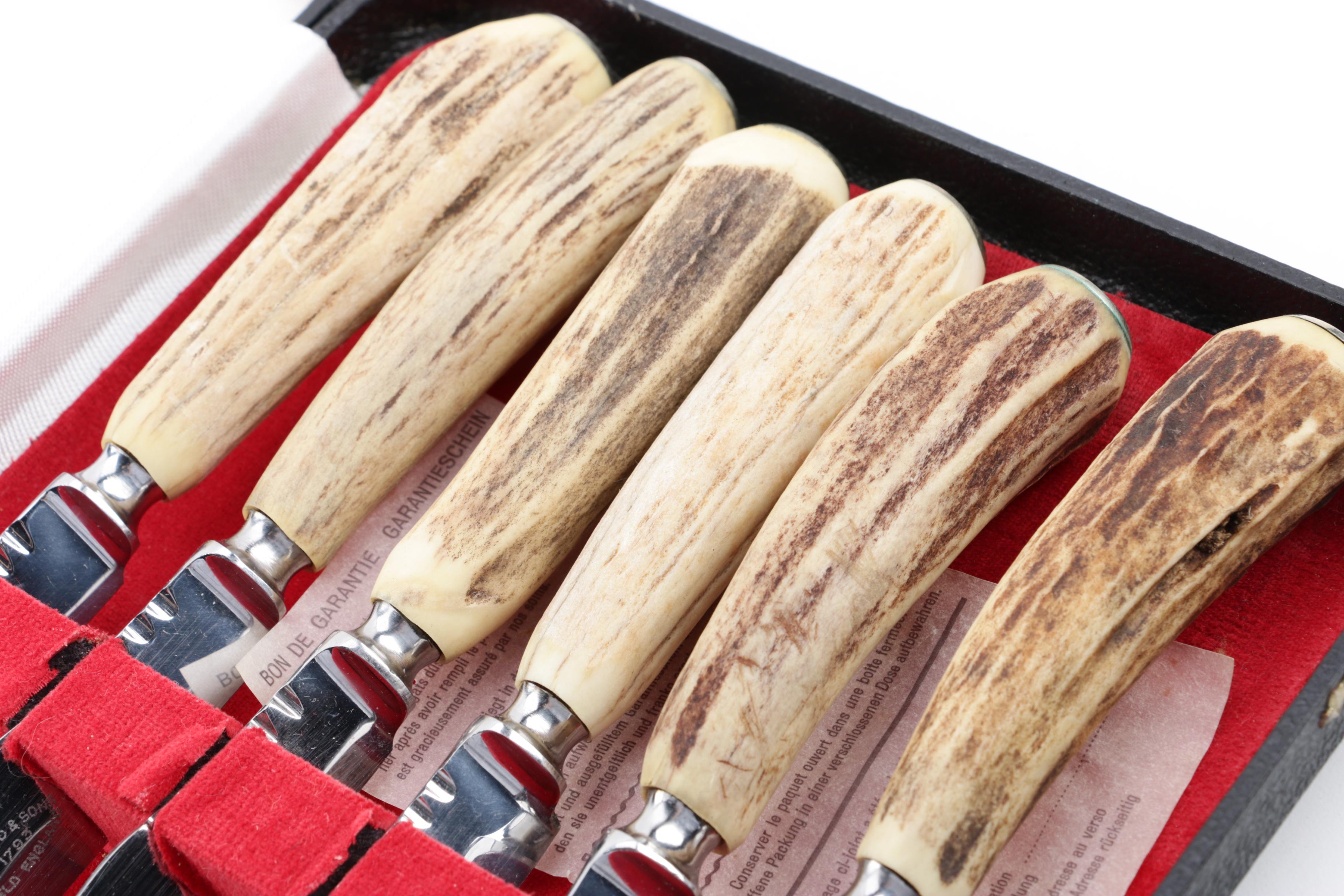 Vintage George Wood & Sons "Bagpipes" Antler Handled Steak Knife Set